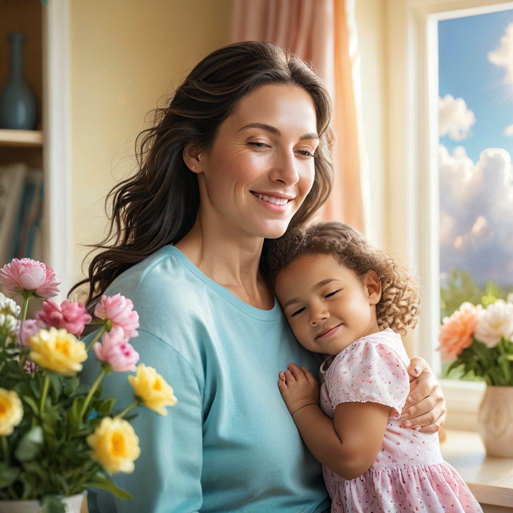 A serene scene illustrating a warm, caring mother with an expressive face reflecting both joy and sadness, surrounded by soft, pastel colors. Include subtle symbols of empowerment, like a blooming flower and gentle rays of sunlight breaking through clouds, representing hope. A cozy home backdrop to evoke a sense of safety and comfort. super-realistic. vibrant colors.