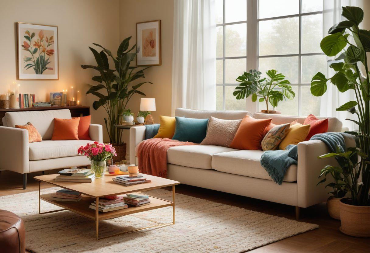A serene living room scene depicting a mother juggling everyday activities, surrounded by colorful toys, emotional support books, and a calm ambiance. Soft light filters through the window, highlighting her thoughtful expression as she engages in self-care while caring for her children. Include a cozy couch with cushions and a houseplant for an inviting atmosphere. super-realistic. warm colors. soft lighting.