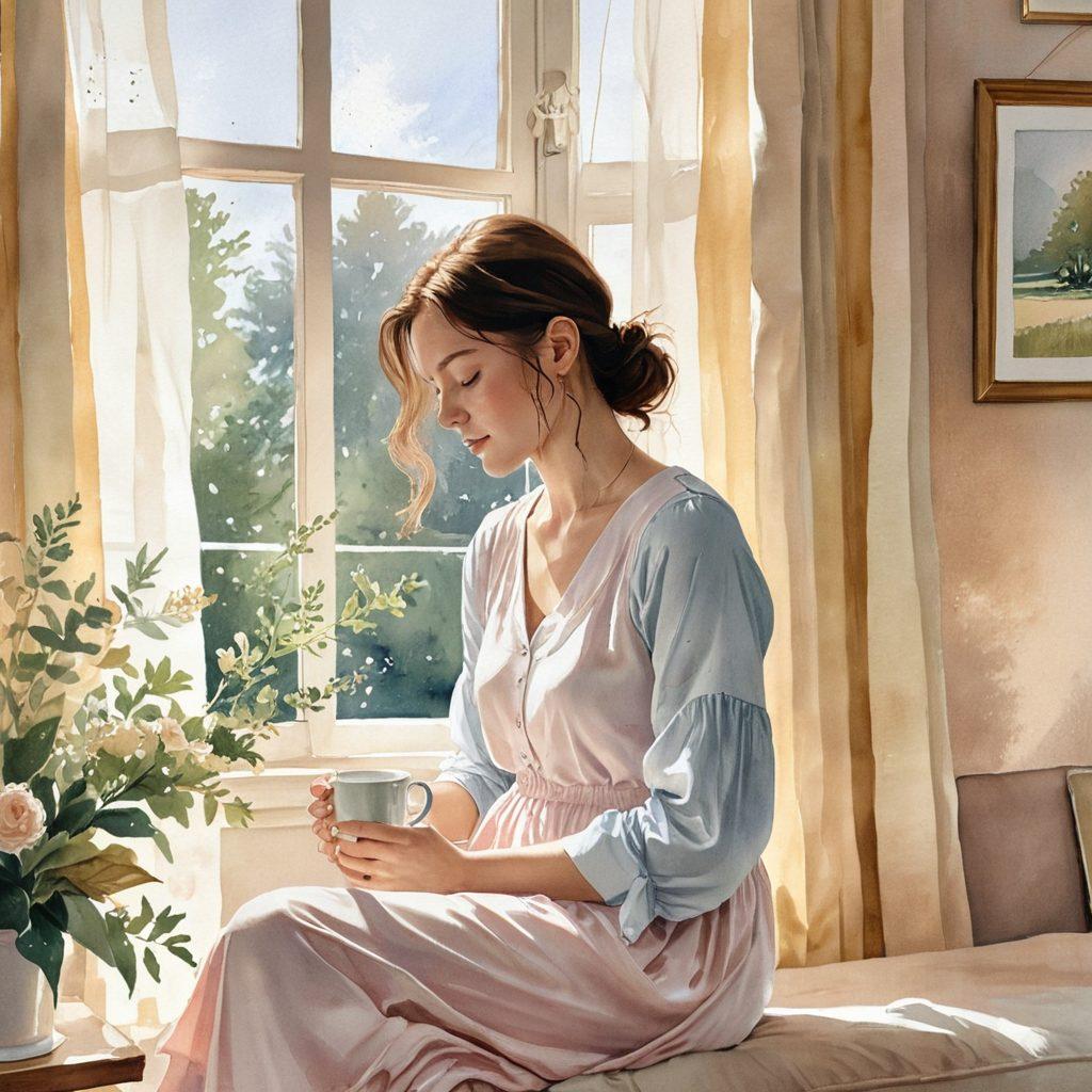 A serene and captivating scene of a mother sitting in a cozy, sunlit room, surrounded by gentle shadows, with an array of family photos on the wall. She gazes thoughtfully out of a window, embracing a warm cup of tea, while a soft breeze plays with the curtains. Subtle illustrations of emotions like joy, anxiety, and love swirl softly around her, representing the unspoken feelings she navigates. The color palette should be warm pastels to evoke a sense of comfort and empowerment. watercolor painting. soft focus.